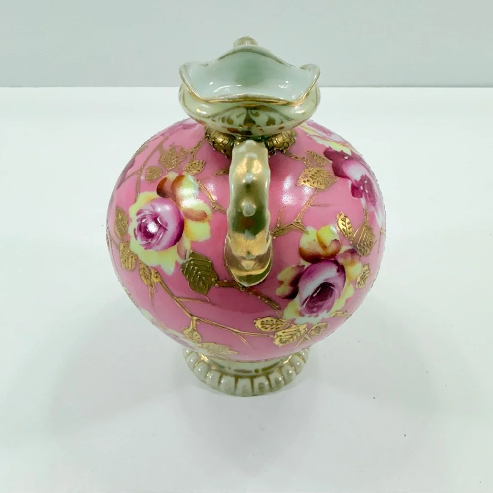 NIPPON Antique Old Mark Moriage Celadon‎ Art Nouveau Vase, Gold Pink Roses 5.75”